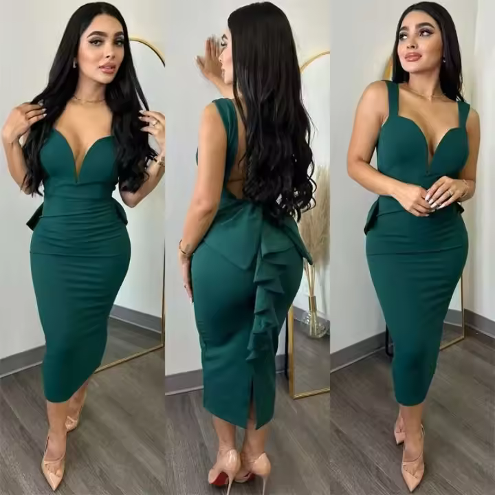 Elegante Vestido Midi con Lazo de Espalda y Volantes Perfecto para Fiestas Nocturnas, Clubes y Eventos de Moda para Mujeres - 1