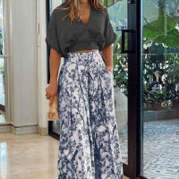 Conjunto de moda de otoño con camisa de cuello en V y pantalones anchos estampados - details 4