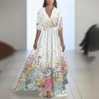 2025 Nueva ropa de mujer, vestido largo estampado con cuello con cuentas, azul - details 12