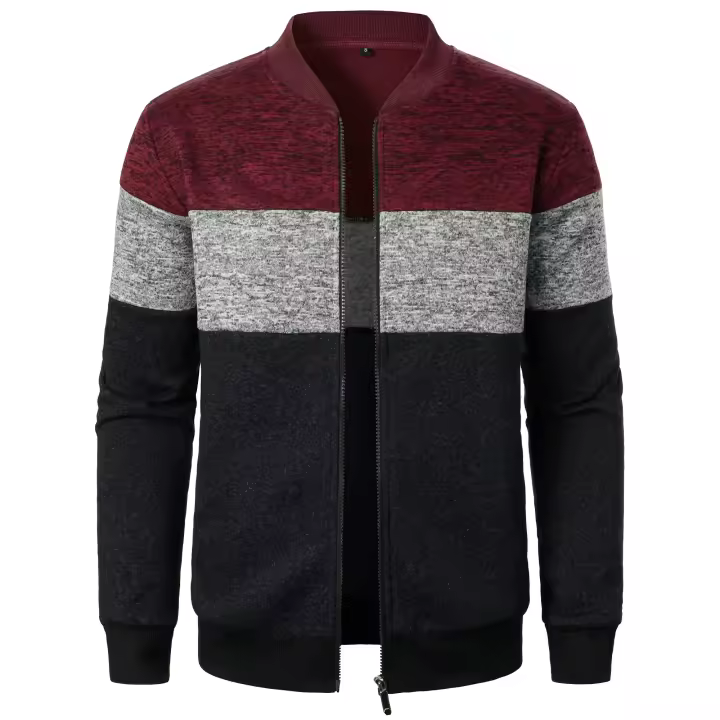 Autumn/winter men's stand-up collar striped check zipper knit top with fashion color matching - 1