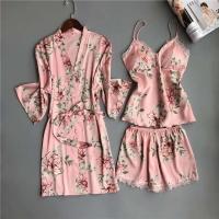 Ropa de seda satinada para mujer, bata Ence Home, alfombrilla para el pecho, pijama, rosa, blanco, 3 piezas - details 18