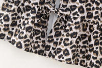TRAFZA-Blusa informal holgada de manga corta para mujer, Top elegante con estampado de leopardo, cuello redondo con cordones, ropa de calle - details 4