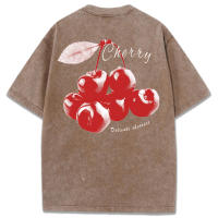 Camiseta de Mujer de Algodón con Estampado de Cerezas Cuello Redondo, Manga Corta, Moda Callejera Fresca y Delicada - details 7