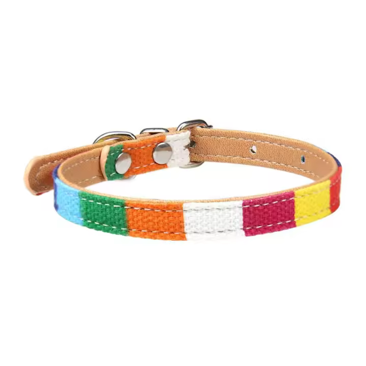 Accesorios para perros, Collar de perro arcoíris de estilo coreano, colorido con campana, Collar de lona PU para cachorros, Collar ajustable para gatos y perros - 1