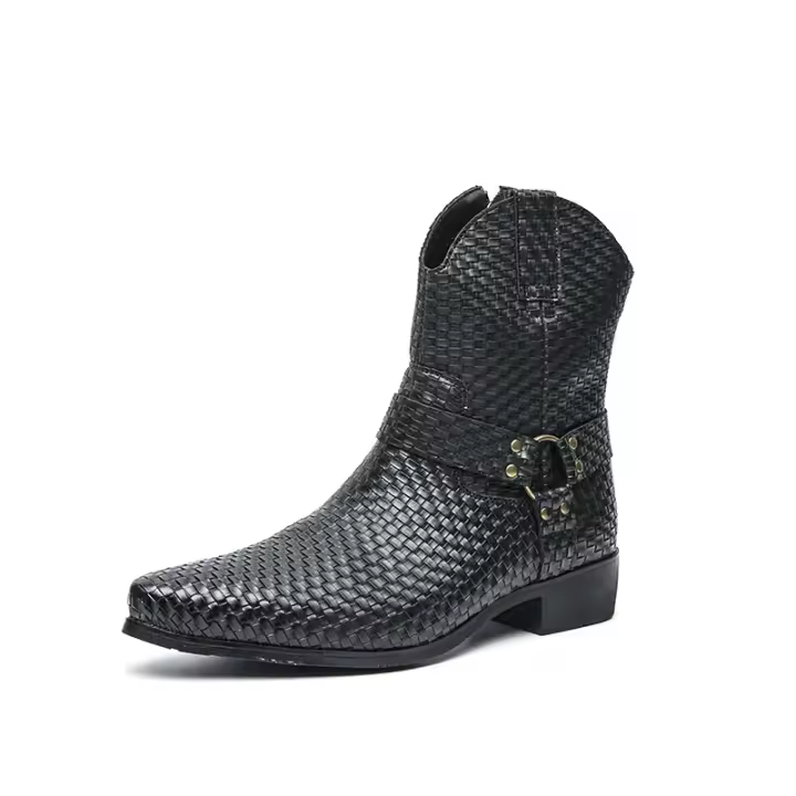 Nuevas botas de cuero con cremallera lateral para hombre, zapatos de cuero de caña alta con relieve - 1