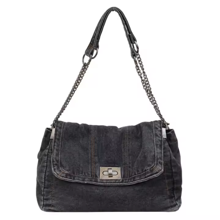 Bolso de hombro, bolso de lona vaquero, estilo callejero, cadena de Metal, bolso Vintage, Color sólido, gran capacidad, bolso cruzado sólido para estudiantes - 1