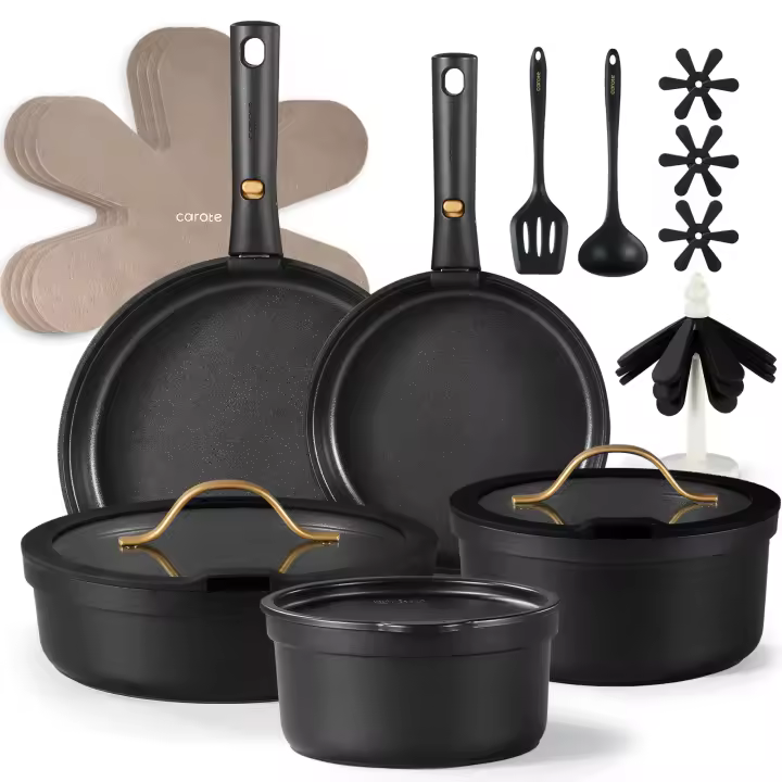 CAROTE Juego de 20 Piezas de Batería de Cocina con Mangos Removibles, Juego de Batería de Cocina Antiadherente con Mangos Removibles, Juego de Cocina para RV, Uso en Horno, Uso en Camping, Negro - 1