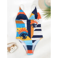 Bañador estampado de flores para mujer, traje de baño de 1 pieza Sexy, cerrado, azul, Push up, Vintage, para playa y piscina - details 6