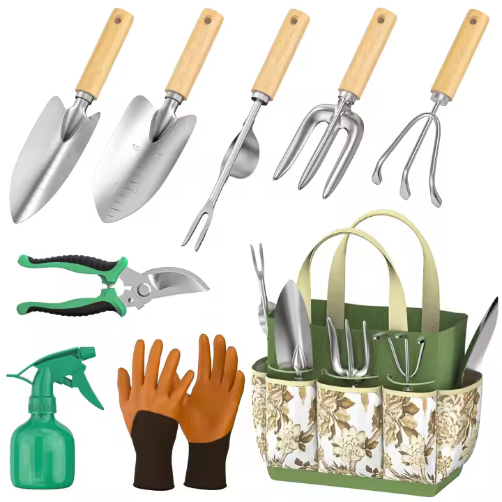 Piorlado Juego de herramientas de jardinería de acero inoxidable con mango de madera, 9 piezas - 1