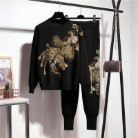 Traje de mujer con bordado de flores y fénix, suéter de punto con lentejuelas y cuentas, conjunto de pantalón lápiz de talla gra - details 3