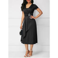 Elegante fiesta midi para mujer en color liso con cuello en V y cintura definida, vestido de noche asimétrico de manga corta - details 5