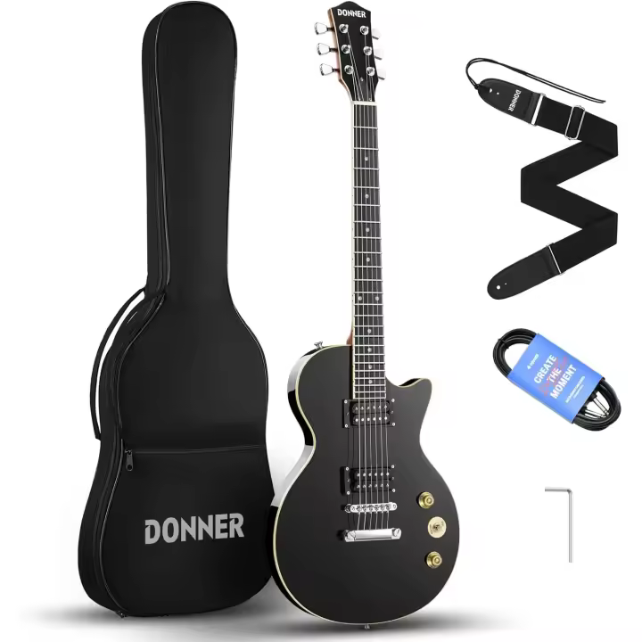 Kit de Guitarra Eléctrica LP Tamaño Completo con Bolsa, Correa, Cable (Negro, DLP-124B) - 1