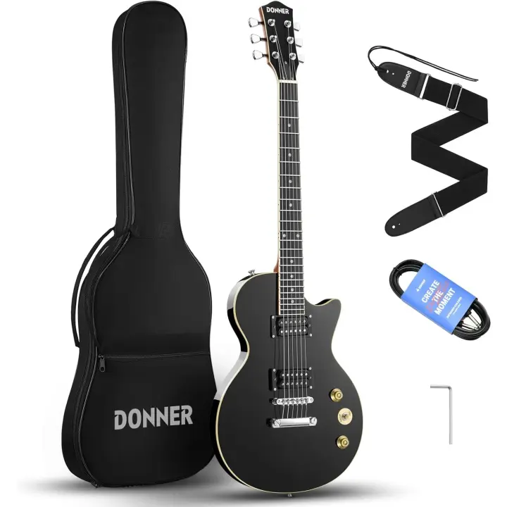 Kit de Guitarra Eléctrica LP Tamaño Completo con Bolsa, Correa, Cable (Negro, DLP-124B) - 1