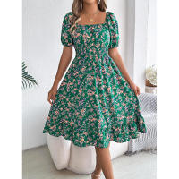 Primavera Verano 2025 Europeo y Americano Floral Cuello Cuadrado Manga Corta Cintura con Volantes Falda Línea A - details 25