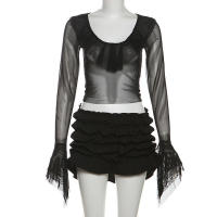 BUNO-Conjunto de 2 piezas con transparencias de gato extraño para mujer, Tops cortos con solapa y cuello oblicuo y manga acampanada + minifaldas ajustadas con niveles, traje elegante de tendencia - details 24
