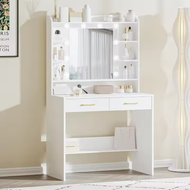 Tocador de Maquillaje, con Espejo y luz LED, Estilo Moderno, Estación de Maquillaje con Estantes Abiertos y 2 Cajones, para Dormitorio, Salón, 40 x 80 x 149cm - 1