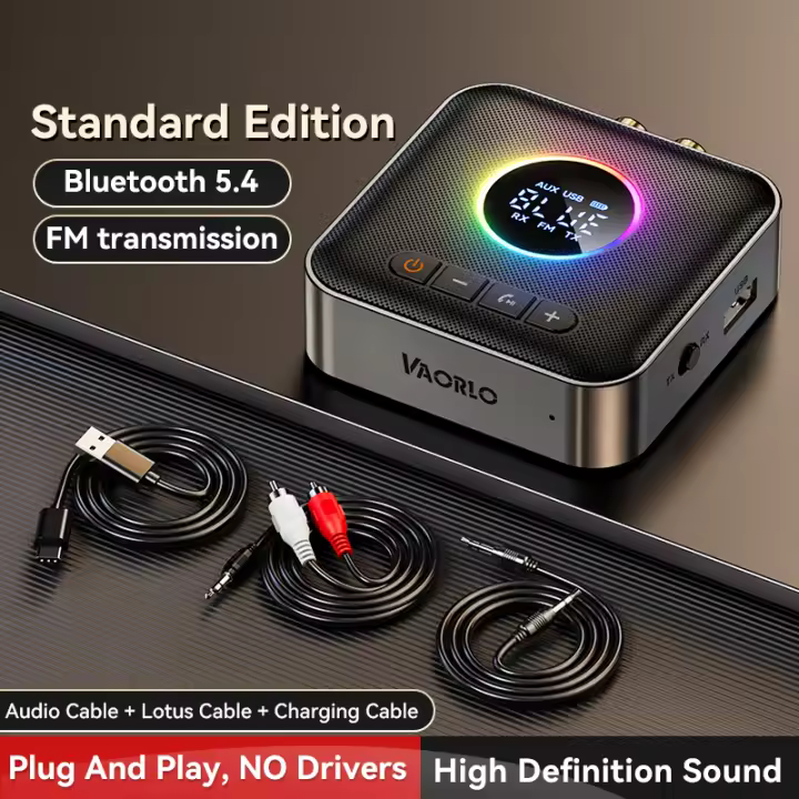 Receptor de Audio con Bluetooth 5,4 y luces de colores RGB, transmisor FM de 3,5mm, AUX, RCA, USB, HIFI, estéreo, música, pantalla LED, adaptador inalámbrico - 1