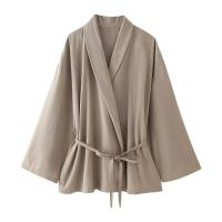 BUNO-Conjunto de pantalón de pierna ancha para mujer, chaqueta fina de manga larga con cuello de pico y solapa, abrigo con cinturón, traje liso para verano, 2025 - details 3