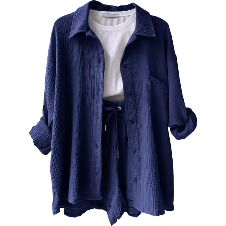 Conjunto de dos piezas para mujer, camisa de manga larga con cuello vuelto de tela arrugada, pantalones cortos con cordón de cintura alta, moda informal de talla grande - 1