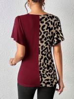 Nuevo estampado de leopardo irregular manga corta Camiseta cuello mariposa manga patchwork top mujer - details 9