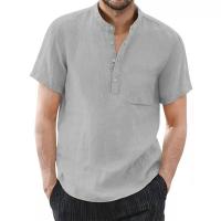 Camiseta de manga corta para hombre, camisetas informales de algodón y lino para hombre, camisa de verano de Color sólido, cómoda y transpirable - details 5