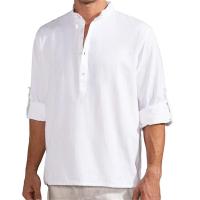 Camiseta de manga larga de lino para hombre, Tops sueltos de Color sólido, camisa de lino de algodón transpirable informal, primavera y verano - details 7