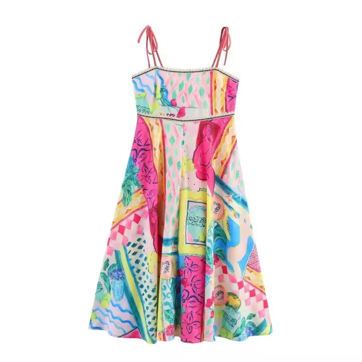 , falda larga la playa con estampado de pintura al óleo mujer, ropa casual sin tirantes para primavera y verano - 1