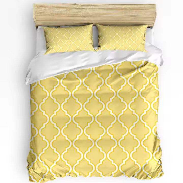 Juego de Ropa de Cama de Doble Aguja Estera Geométrica Marroquí Amarilla con Funda de Almohada - 1