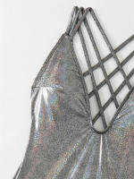 Shiny Silver Deep V Neck Halter One Piece Swimsuit 2024 Swimwear for Women Sexy Bathing Suit High Waist Monokini - details 3