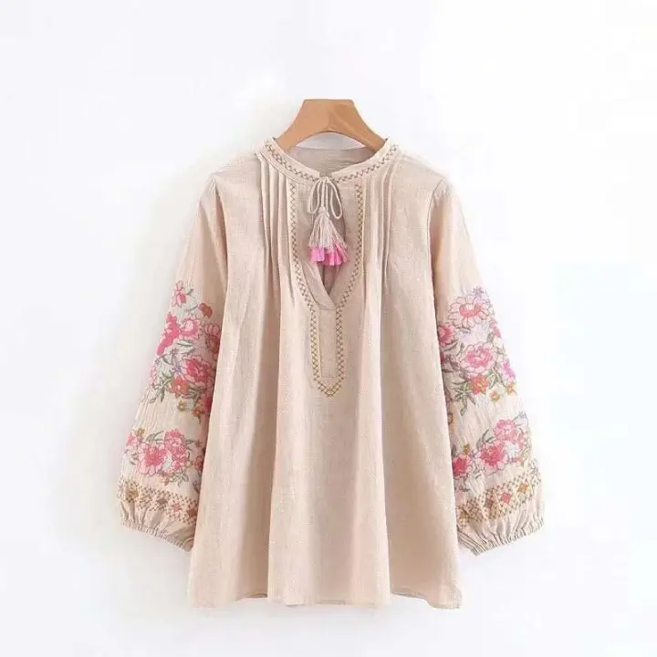 Happie Queens Vintage Chic mujeres bohemias borla playa ral bordado en Blusa de algodón suelta Boho camisas Blusa - 1