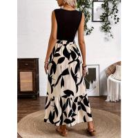 Vestido acampanado hasta la rodilla para mujer, estilo playero informal exótico con estampado floral, cuello redondo y cintura alta. - details 3