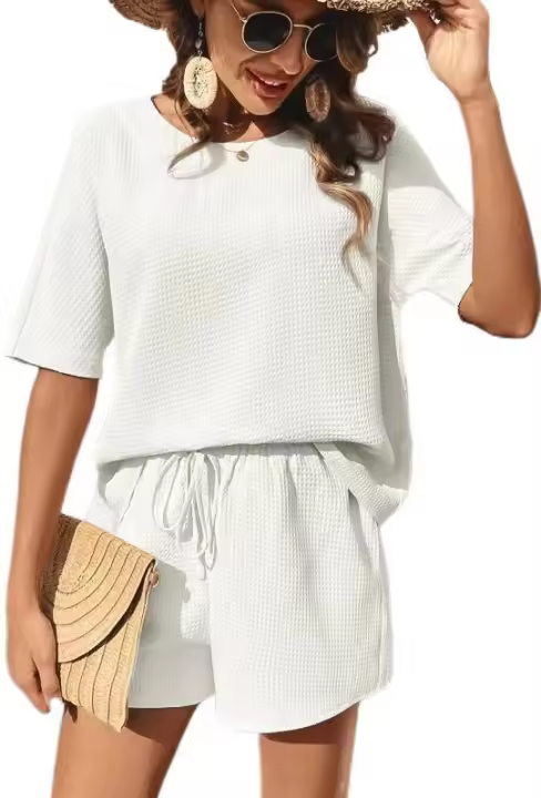 Traje de verano de dos piezas para mujer, conjuntos informales de Jersey, Tops y pantalones cortos, Blanco S - 1