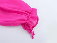 OUWU- Camisa elegante de gasa rosa fuerte para mujer 2025, blusas cortas elásticas con cuello en V y dobladillo con volantes en cascada - details 5