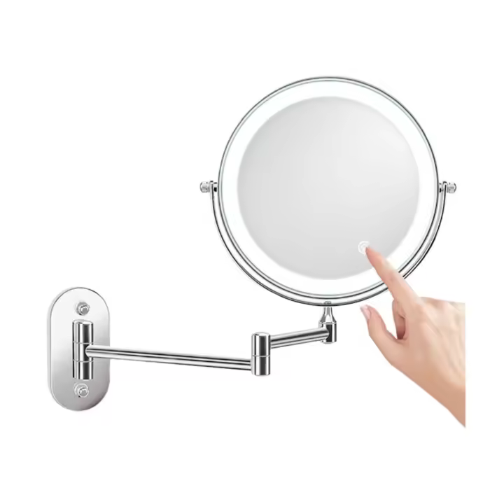 Espejo de maquillaje para baño LED, espejo de maquillaje montado en la pared plegable de doble cara, transparente 360 °   Espejo de maquillaje telescópico giratorio para baño - 1