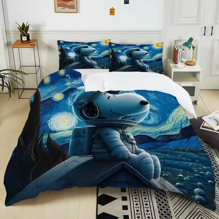 Conjunto de Ropa de Cama de Dibujos Animados Snoopy Funda de Edredón para Cama Doble o Simple con Estampado de Niño y Niña 2/3pcs - 1