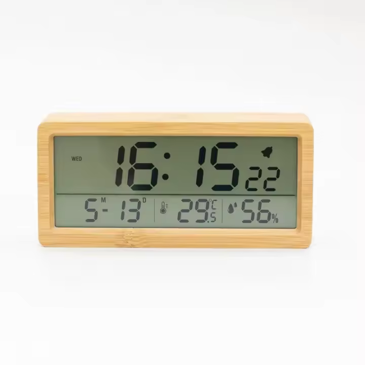 Reloj despertador Digital LED de madera, pantalla grande multifuncional, fecha, temperatura, humedad, retroiluminación, reloj de mesa con repetición de 12/24 horas - 1