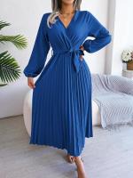 Vestido largo plisado con dobladillo grande para mujer, vestido cruzado de Color liso con cuello en V, moda de primavera y verano - details 17