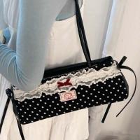 Bolso de mano francés dulce que combina con todo, bolso de mano con lazo de gran capacidad, bolsos para axilas de lunares, bolso de hombro de PU de encaje de estilo coreano, escuela - details 14