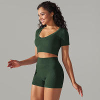 Conjunto Deportivo de Alta Cintura para Mujeres Leggings de Cintura Alta, Camisetas de Manga Corta, Shorts Conjunto de Gimnasio Sin Costuras - details 6