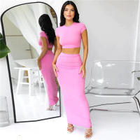 BUNO-Conjunto de dos piezas de verano para mujer, color sólido, manga corta, color sólido, tops cortos y falda larga - details 16