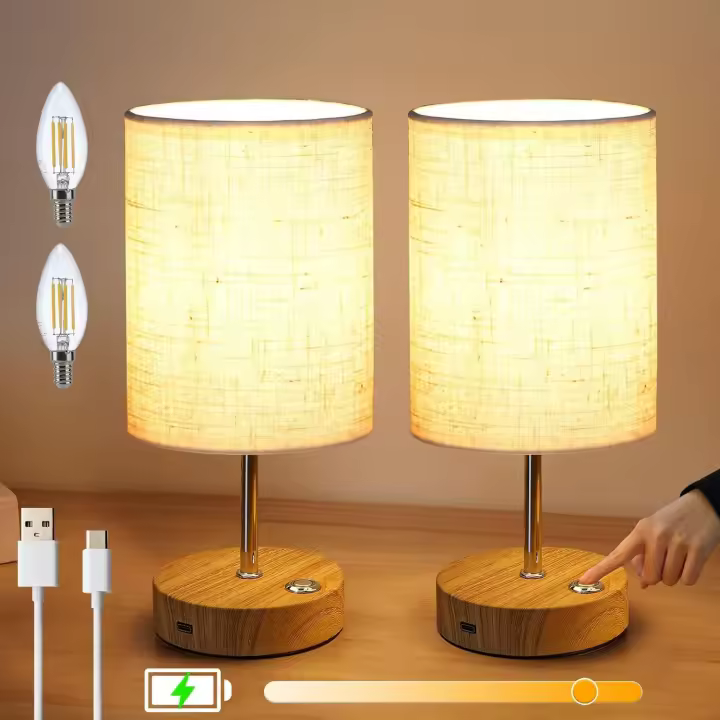 2 Piezas Lámparas de mesa USB Touch Regulables Modernas con Base de Madera Lámpara de Noche Retro Pantalla de Tela con Bombilla E14 Blanco Cálido Para Sala de Estar Dormitorio Mesa, Beige - 1