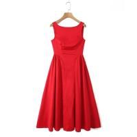 Vestido midi largo sin mangas para mujer, elegante con diseño sin espalda, cuello redondo, cinturilla, corte en A, ideal para fiestas y verano - details 2