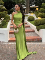 BUNO-Vestido de fiesta con cinta de raso y cuello Halter para mujer, vestidos elegantes sin espalda y con hombros descubiertos, batas lisas para primavera 2025 - details 4