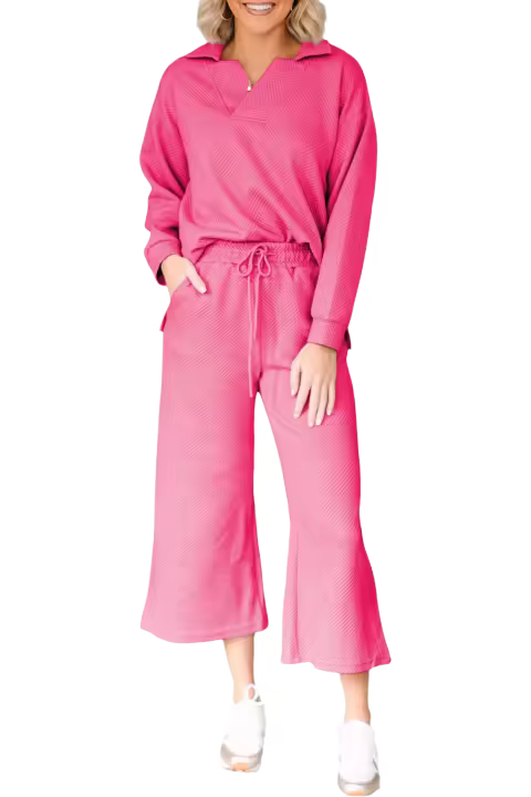 Elrachen Conjunto de pantalones de pierna ancha y top con cuello en V y textura sólida Bonbon para mujer, Bonbon, tallas S-2XL - 1