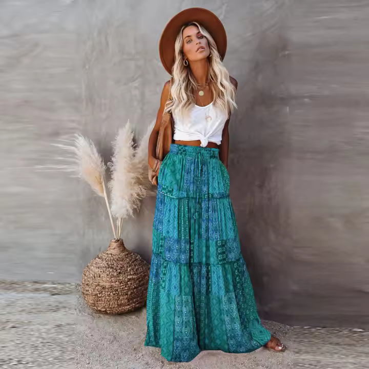 Falda larga de cintura alta, informal, holgada de estilo bohemio - 1