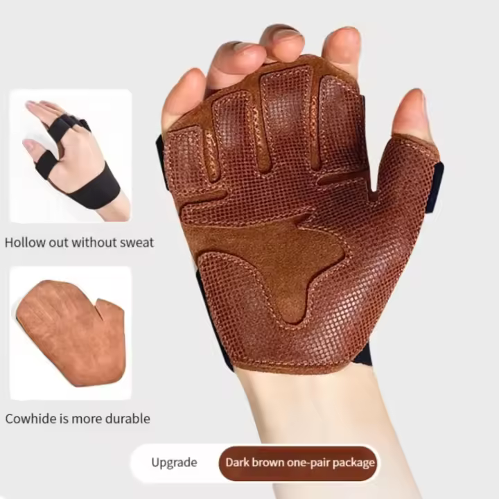 1 par de guantes de cuero de vaca para levantamiento de pesas, antideslizantes, transpirables, ventilados, pulsera de gimnasio, guantes de entrenamiento de cuatro dedos para Fitness - 1