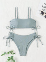 Bikini negro liso para mujer, traje de baño de dos piezas con Tanga de cintura alta y ribetes, 2024 - details 20