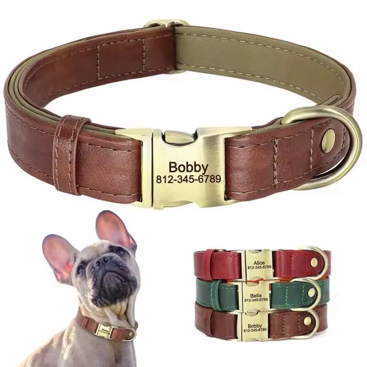 perro personalizado, collares cuero PU personalizados perros, Collar identificación de mascotas acolchado suave para perros - 1