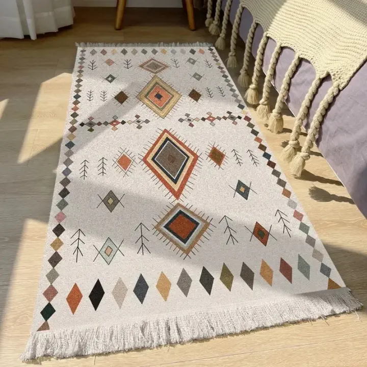 Alfombra de Algodón y Lino Hecha a Mano Bohemia Retro Alfombra de Piso Cuadrada para Dormitorio con Decoración del Hogar - 1