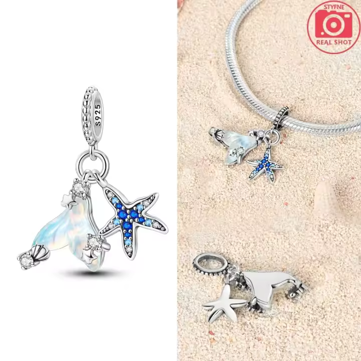Abalorios de Plata 925 con Elementos Marinos, Estrella de Mar y Cola de Pez, Compatibles con Pulseras de Plata 925 Originales, para la Creación de Joyería para Mujer - 1